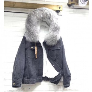 2019 velvet thick denim jacket female winter big faux fur collar Korea denim coat female student short coat